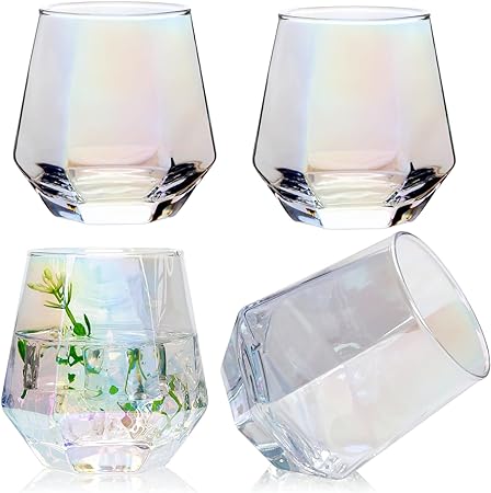 Wine Glasses Set of 4,Iridescent Stemless Wine Glasses for Red and White Wine,Geometric 10oz Diamond Shaped Glass Cups for Whiskey,Cocktail,Bourbon,Juice,Water